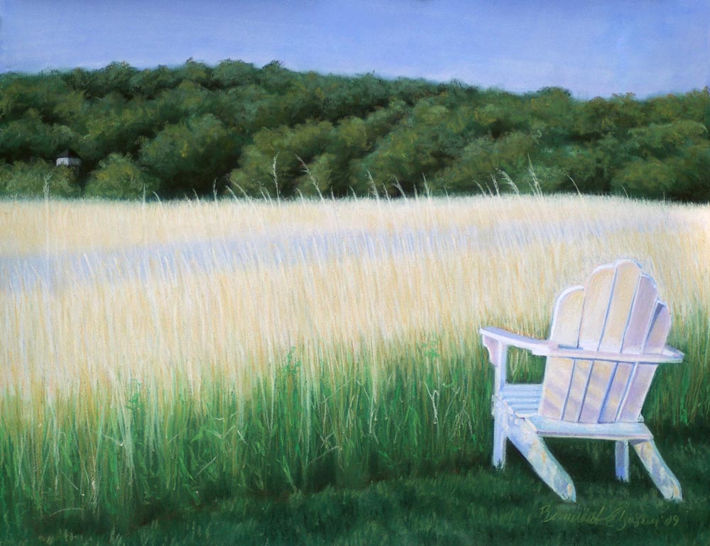 pastel painting of a meadow with adirondack chair