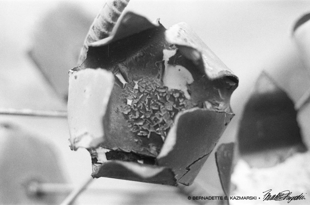 black and white photo of metal flower