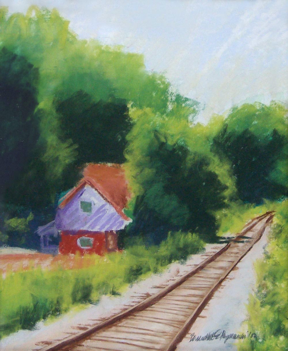 pastel painting of house by train tracks