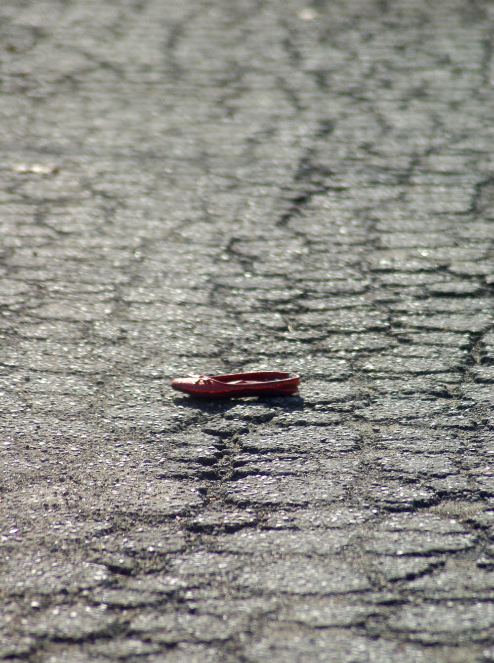 red slipper on broken pavement