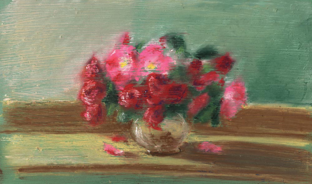 pastel sketch of roses in a vase