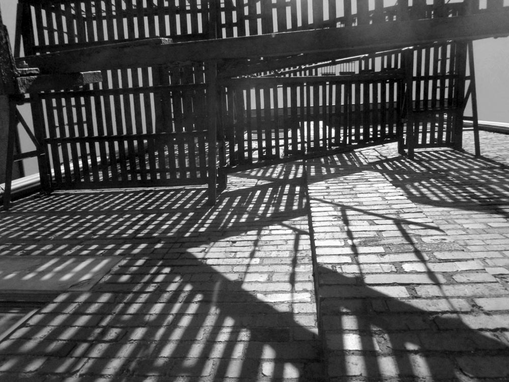 black and white photo of fire escape