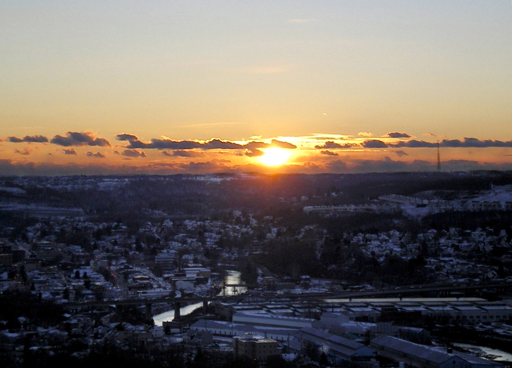 sunset over small town