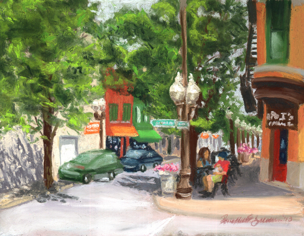 pastel painting of main street in carnegie