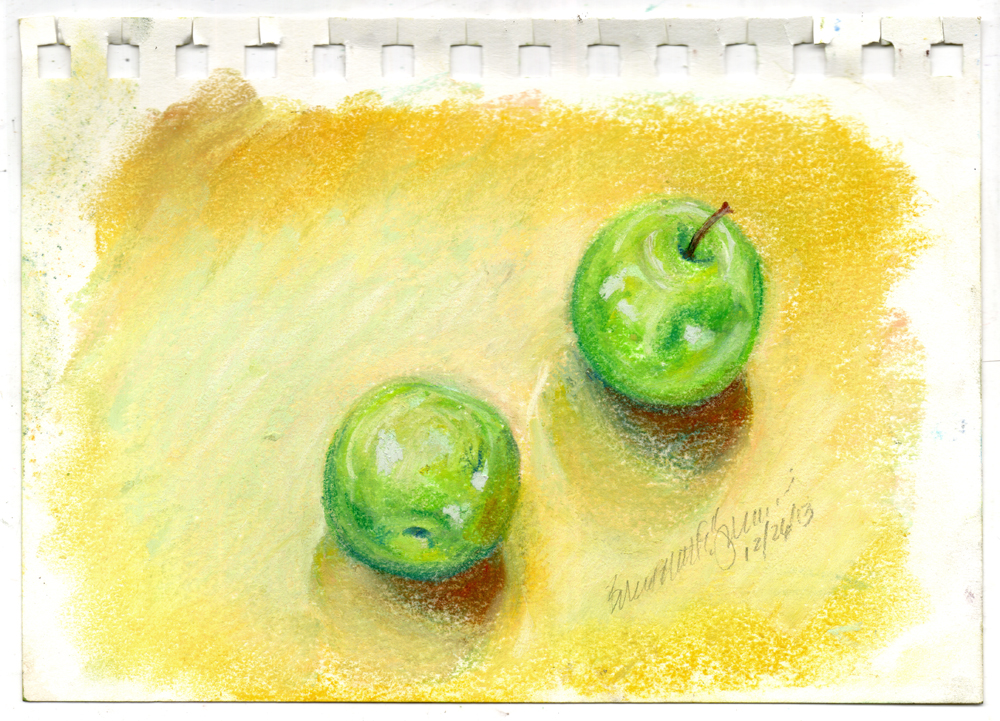 pastel sketch of apples on counter