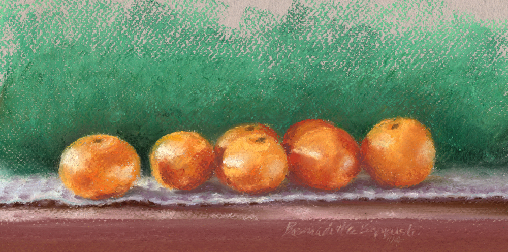 pastel painting of clementines on shelf