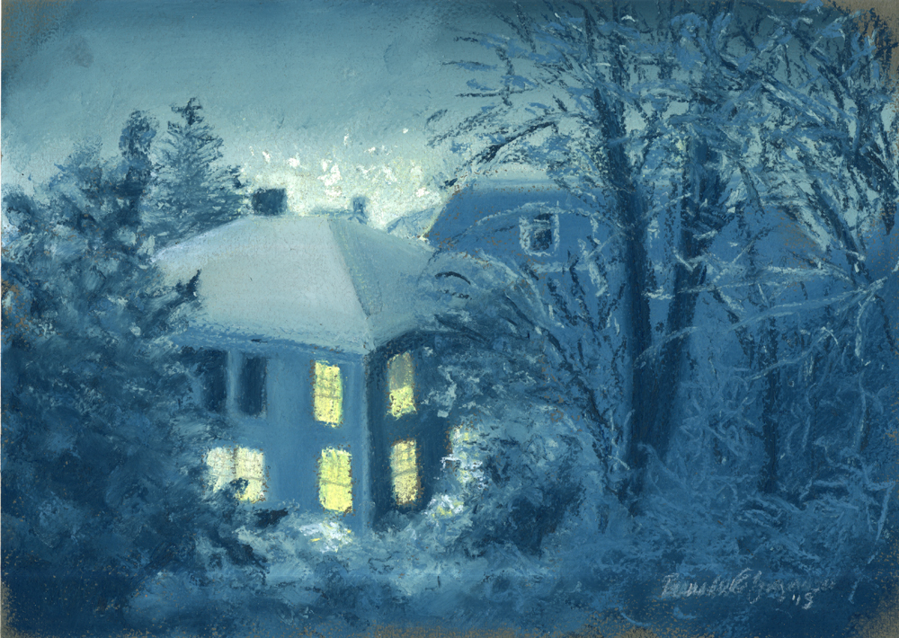pastel painting of snow out the windows at night