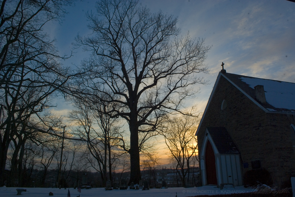 old church in winter sunset