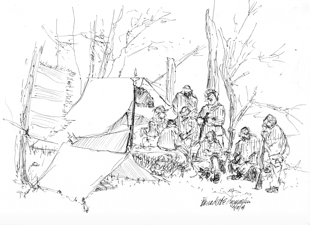 ink sketch of civil war reenactors in camp