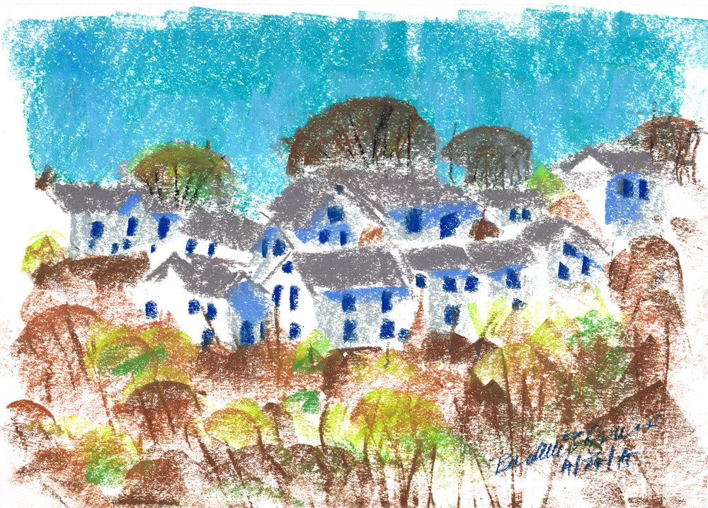 pastel sketch of white houses on hill