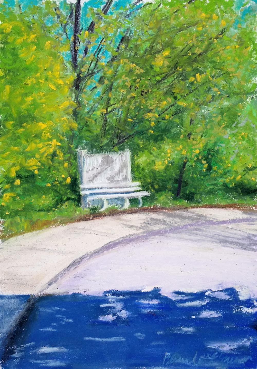 pastel painting of bench in spring trees