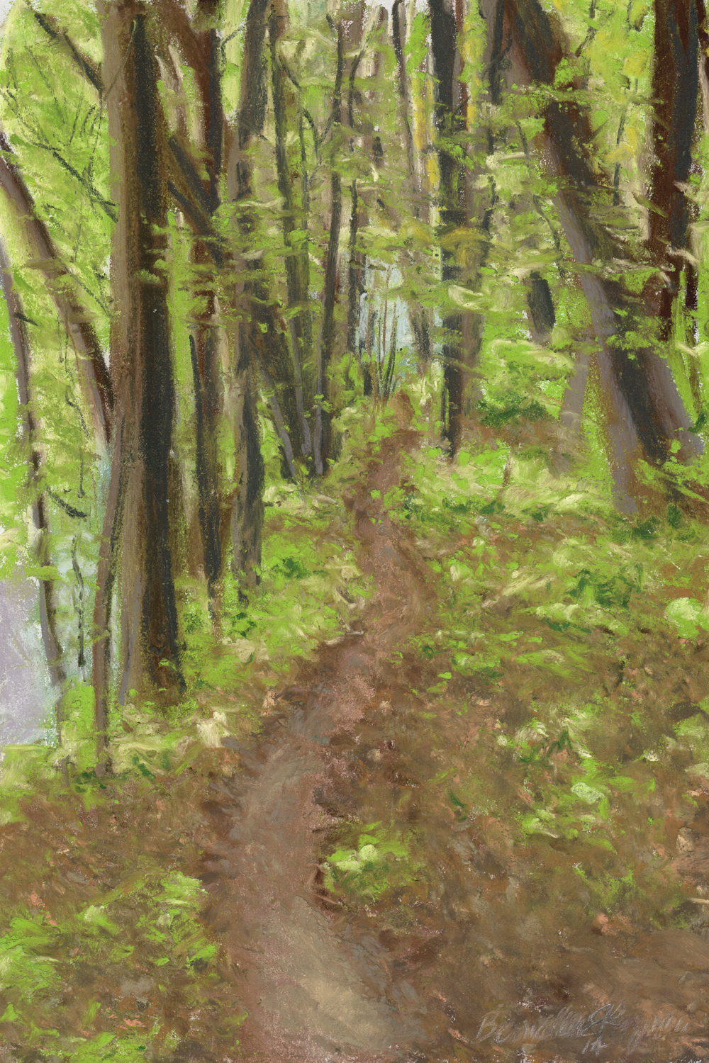 pastel painting of a trail in the woods