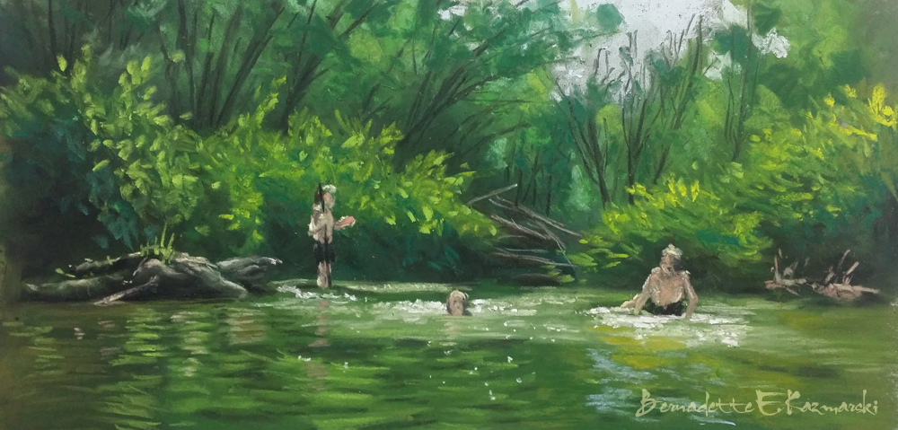 pastel painting of three kids in swimming hole