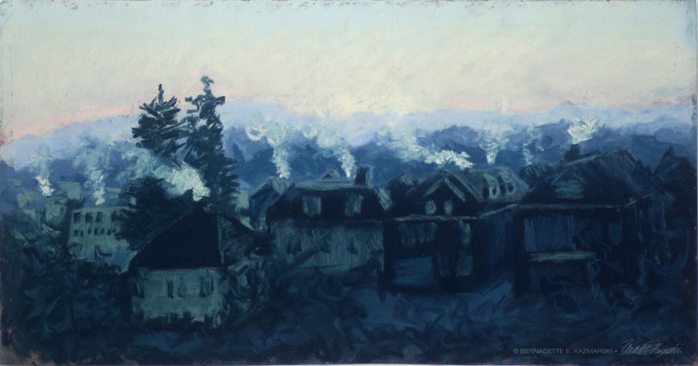pastel painting of cold snowy sunrise
