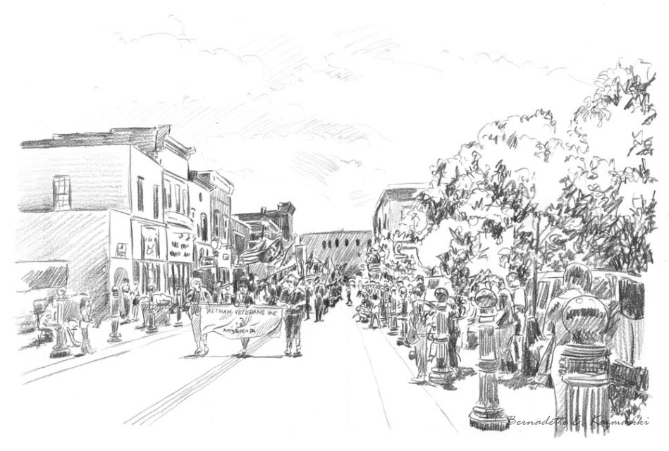"Memorial Day Parade", 12" x 18", pencil, 2008 © Bernadette E. Kazmarski