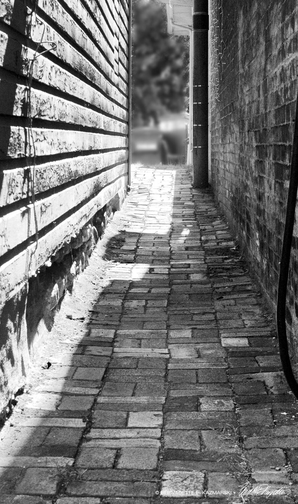 walkway between buildings black and white